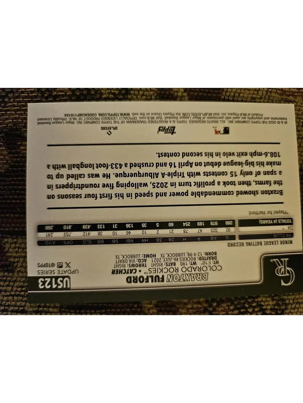 2025 Topps Update - Braxton Fulford - RC - #US123 - Rockies - RAW Mint - Rookie